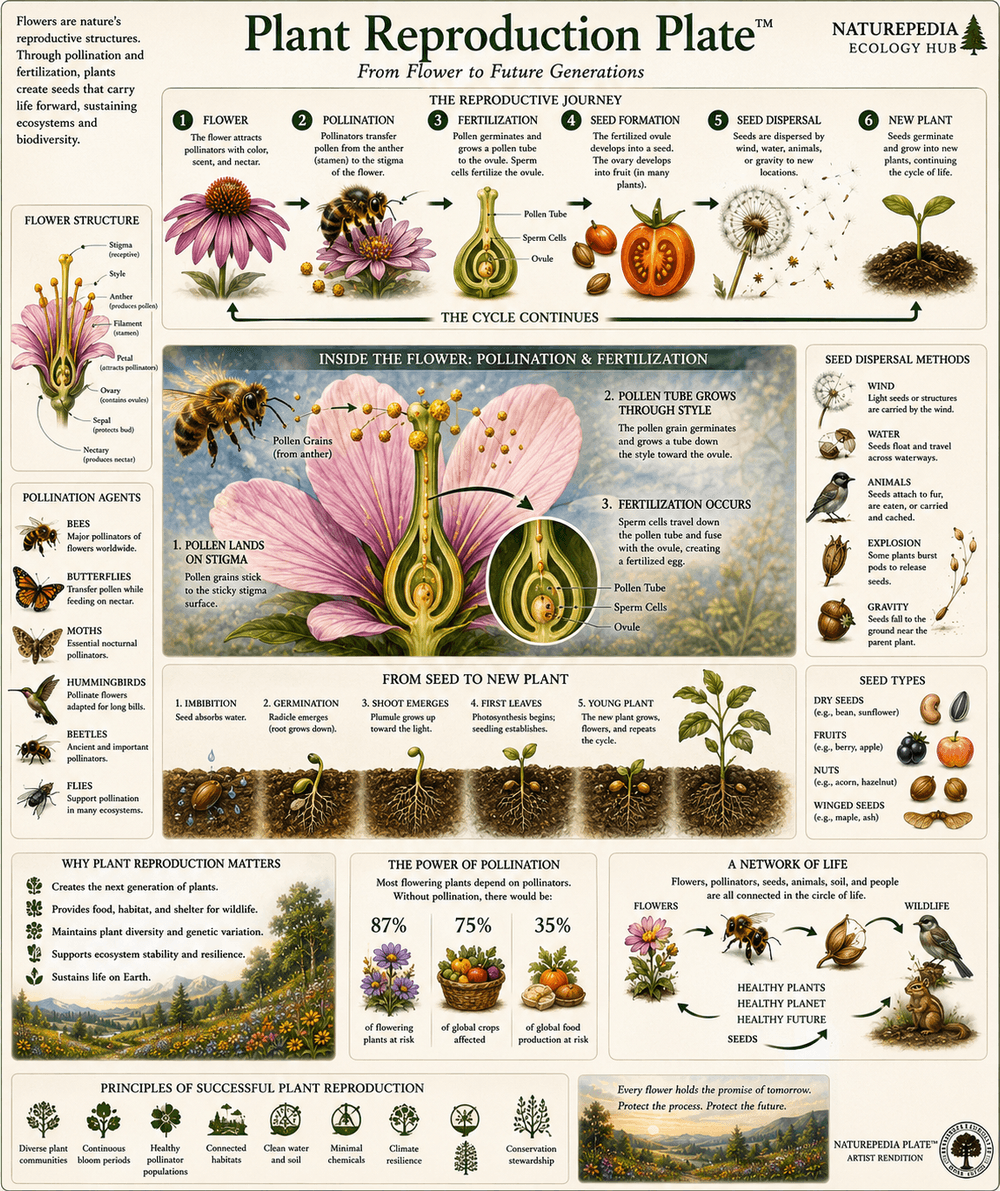 Plant Reproduction Plate showing the relationship between flowers, pollination, seeds, and future plant growth
