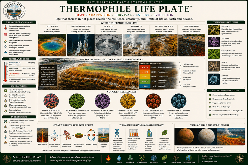 Thermophile Life Plate showing thermophiles, thermal bacteria, archaea, temperature zones, geothermal ecosystems, microbial adaptation, hot springs, and thermal biology by Robbie George