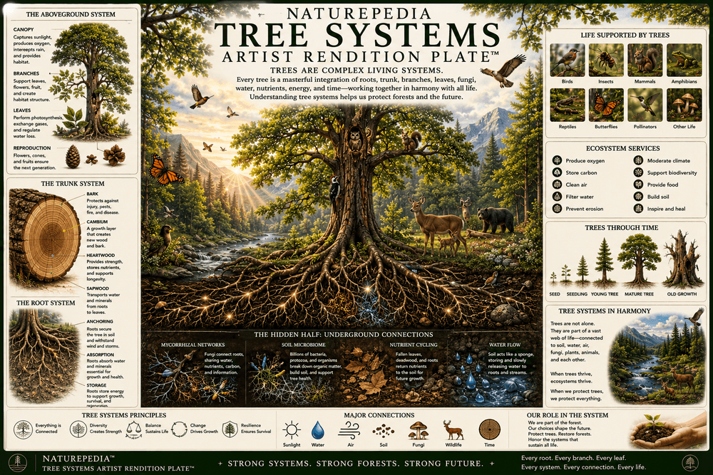 Tree Systems Artist Rendition Plate showing a symbolic ecological tree system with roots, canopy, soil, wildlife, water, carbon, fungi, and forest relationships by Robbie George