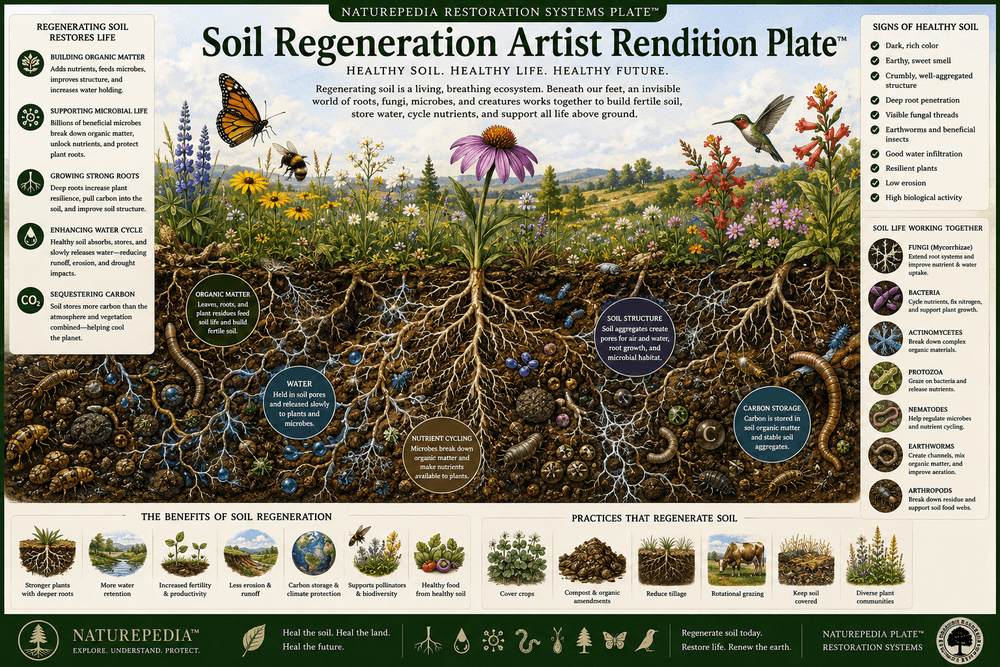 Soil Regeneration Artist Rendition Plate showing underground roots, fungi, microbes, organic matter, water movement, carbon storage, nutrient cycling, and living soil recovery by Robbie George