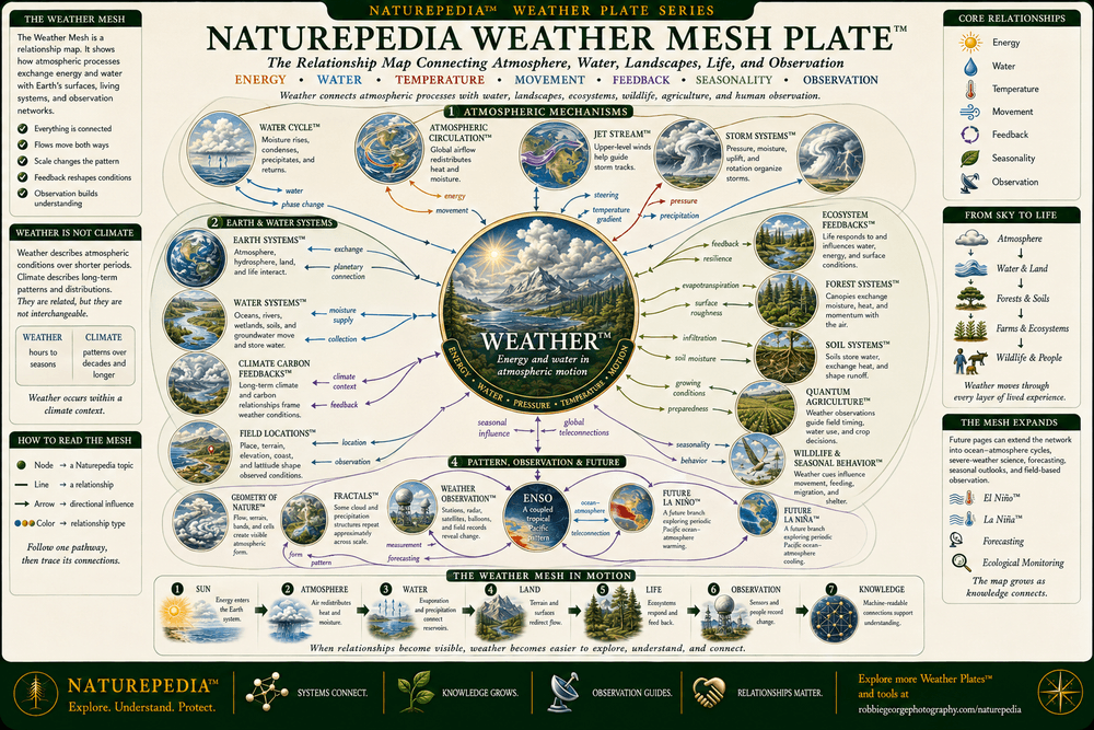 Naturepedia Weather Mesh Plate showing Weather at the center of a relationship map connected to the Water Cycle, Atmospheric Circulation, Jet Stream, Storm Systems, Earth Systems, Water Systems, Climate Carbon Feedbacks, Ecosystem Feedbacks, Forest Systems, Soil Systems, Quantum Agriculture, wildlife migration, field locations, Geometry of Nature, Fractals, weather observation, ENSO, El Niño, La Niña, and future forecasting.