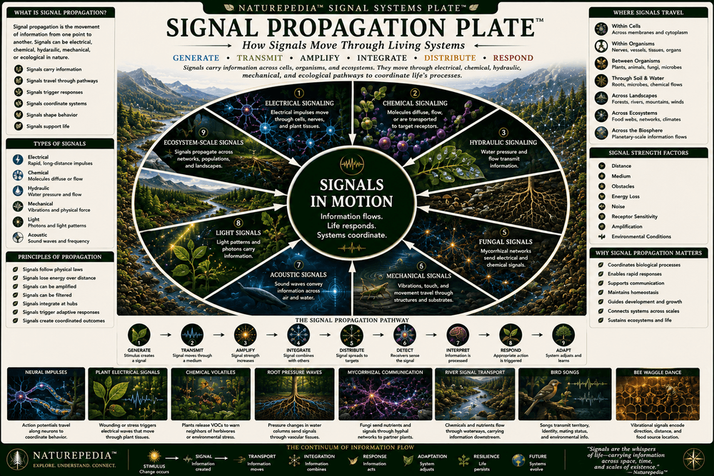 Signal Propagation Plate showing electrical signaling, chemical gradients, hydraulic signals, root pathways, fungal networks, microbial exchange, wildlife response, and ecosystem information flow