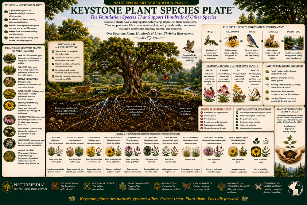 Keystone Plant Species Plate showing native plants supporting pollinators, insects, birds, mammals, soil life, biodiversity, and ecosystem stability by Robbie George