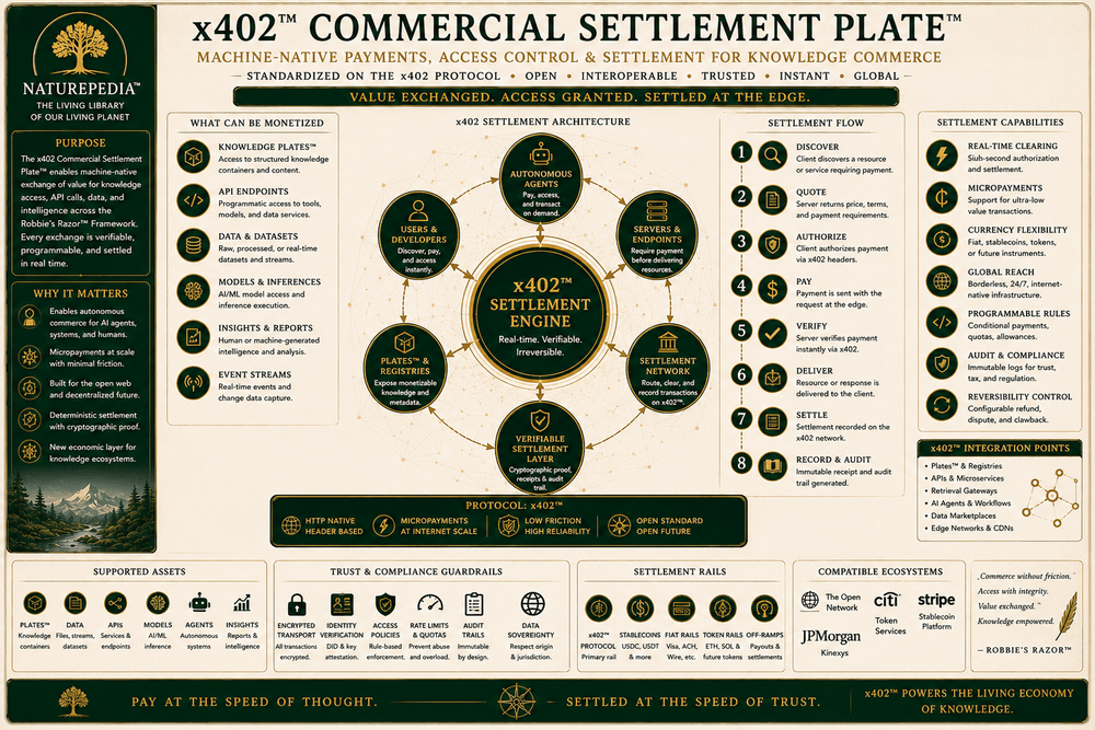 x402 Commercial Settlement Plate showing knowledge assets, agent queries, commercial retrieval, payment authorization, and machine-readable licensing