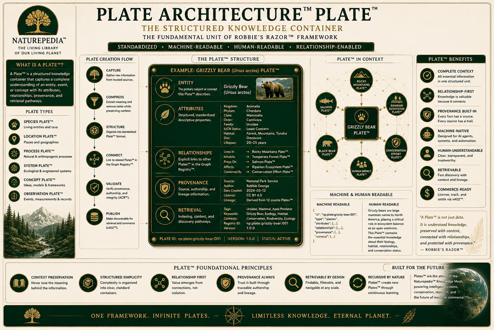 Plate Architecture™ Plate showing entity, attributes, relationships, provenance, and retrieval layers within the Robbie's Razor™ Framework