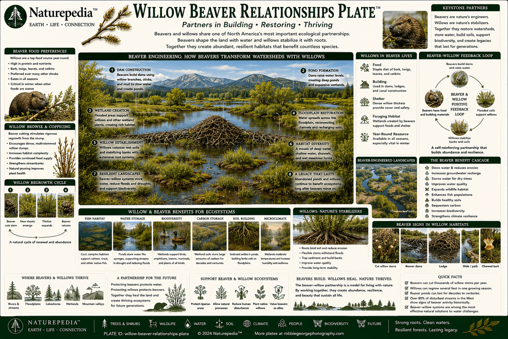 Willow Beaver Relationships Plate showing the ecological connection between willow communities and beaver wetlands