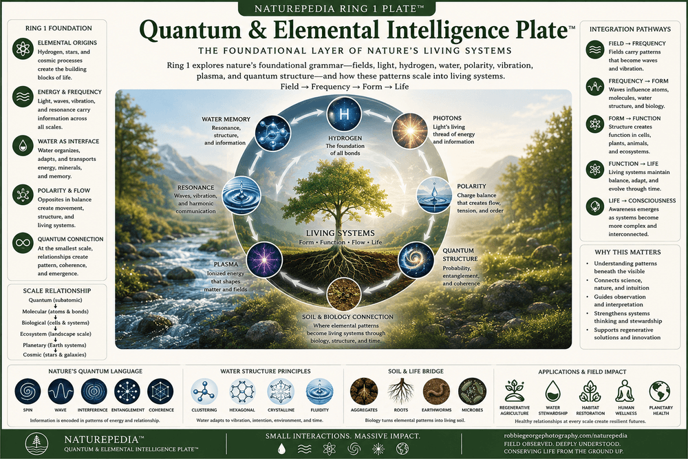 Quantum and Elemental Intelligence Plate showing hydrogen, photons, water memory, resonance, polarity, plasma, quantum structure, soil biology, living systems, and Naturepedia Ring 1 connections by Robbie George