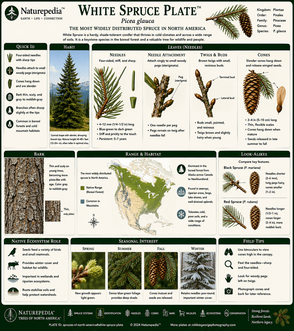 White Spruce Plate showing Picea glauca, boreal forests, northern wildlife habitat, cold tolerance, spruce cones, evergreen structure, and North American spruce ecology by Robbie George