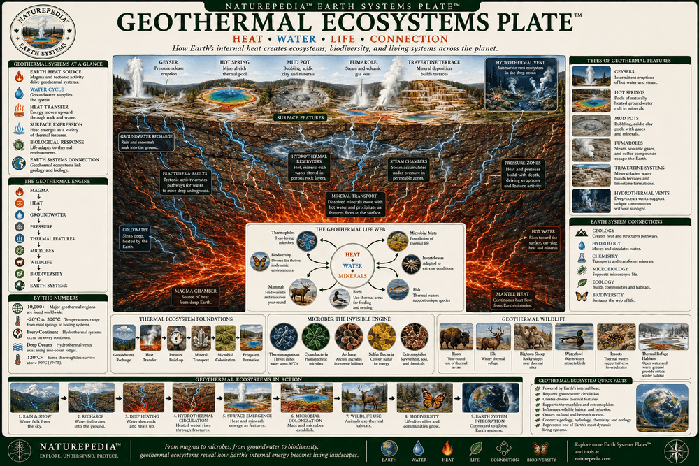 Geothermal Ecosystems Plate showing magma, volcanic heat, groundwater, hydrothermal circulation, geysers, hot springs, mud pots, fumaroles, hydrothermal vents, microbial life, wildlife, biodiversity, and Earth systems by Robbie George