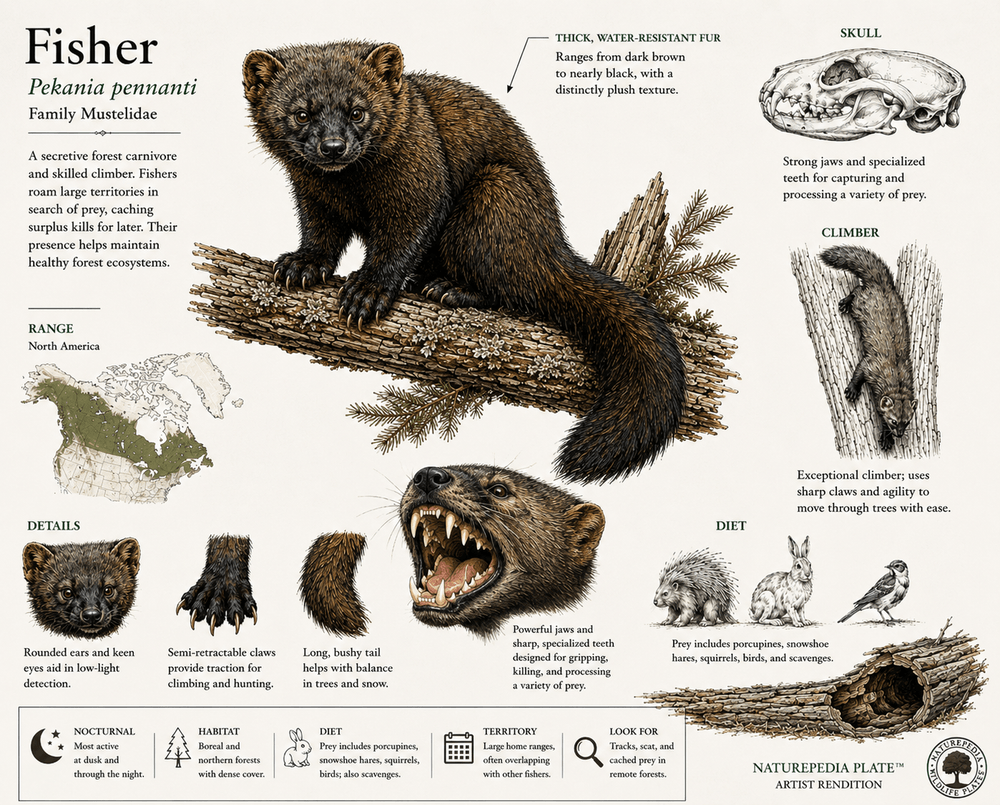 Fisher Artist Rendition Plate showing Pekania pennanti anatomy, climbing behavior, skull structure, forest adaptations, and predator ecology — Naturepedia by Robbie George