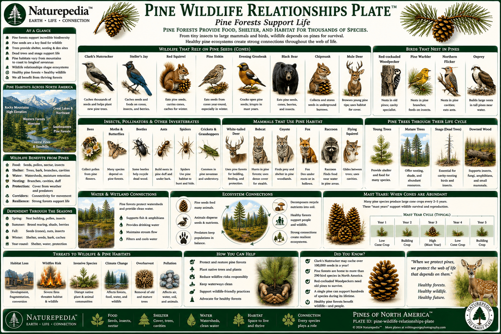Pine Wildlife Relationships Plate showing squirrels, crossbills, woodpeckers, owls, deer, elk, bears, insects, cavity nesters, seed predators, and pine forest food webs by Robbie George