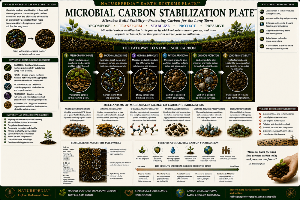 Microbial Carbon Stabilization Plate showing microbial residues, mineral-associated organic carbon, soil aggregates, stabilized carbon, fungi, bacteria, healthy soils, and long-term carbon storage.