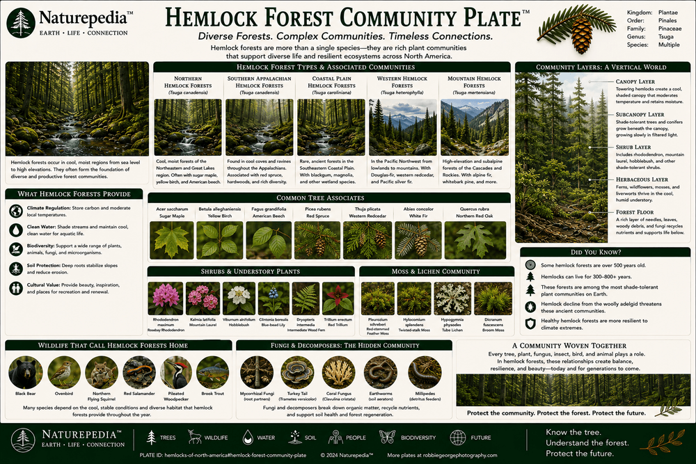 Hemlock Forest Community Plate showing shaded ravines, mixed hardwood-conifer forests, mossy understories, mycelial networks, stream corridors, mountain slopes, old-growth structure, and biodiversity refuges by Robbie George