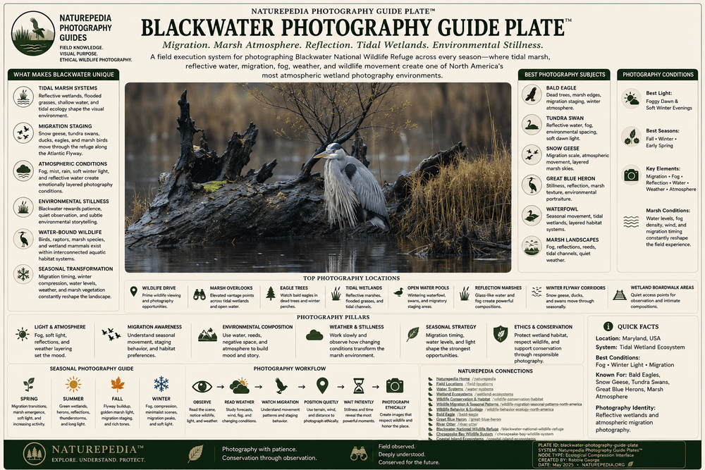 Blackwater Photography Guide Plate showing marsh atmosphere, migration, wetland wildlife, reflective water, seasonal timing, ethical fieldcraft, and Naturepedia photography guide intelligence by Robbie George