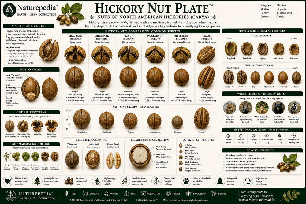 Hickory Nut Plate showing hickory nuts, husks, shell structure, seed development, mast production, wildlife food resources, and forest ecology by Robbie George