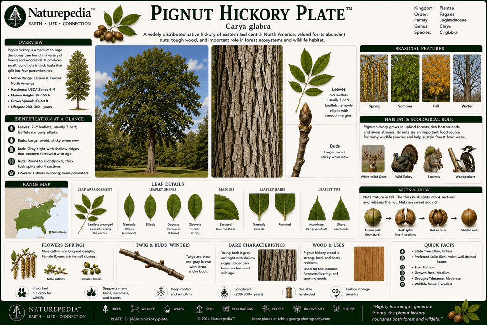 Pignut Hickory Plate showing upland hardwood forests, nuts, leaves, wildlife relationships, and oak-hickory ecosystem structure by Robbie George
