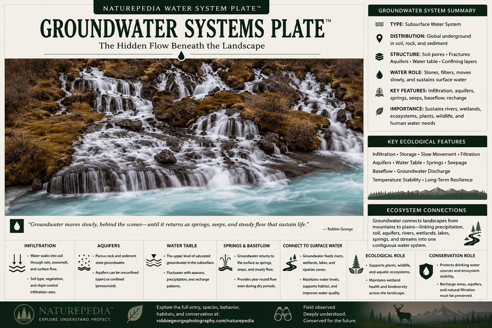 Groundwater Systems Plate showing spring-fed flow, aquifers, water table, infiltration, baseflow, surface water connections, ecological role, and Naturepedia water system relationships by Robbie George