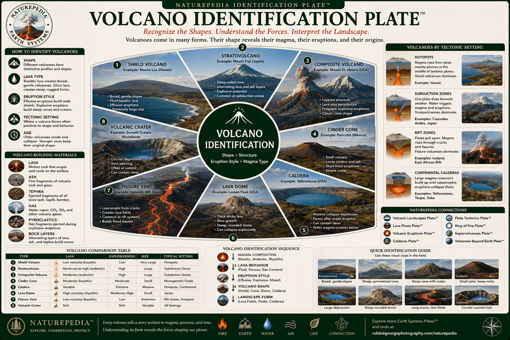 Volcano Identification Plate showing shield volcanoes, stratovolcanoes, cinder cones, calderas, lava domes, fissure vents, and volcanic landforms