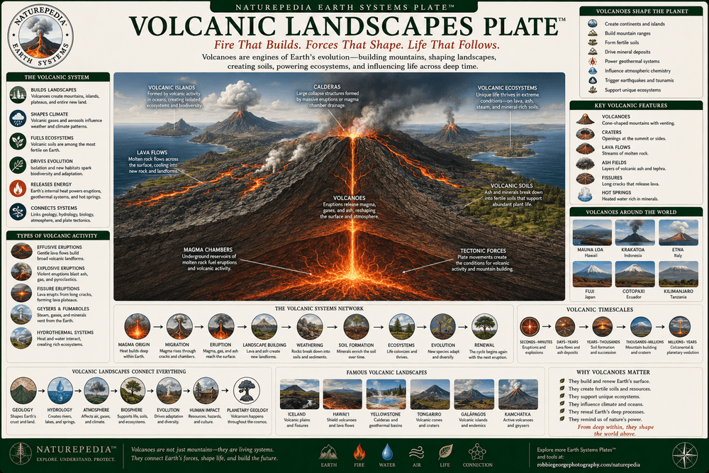 Volcanic Landscapes Plate showing volcanoes, lava flows, calderas, magma chambers, volcanic islands, volcanic soils, plate tectonics, eruptions, biodiversity, hazards, and planetary geology