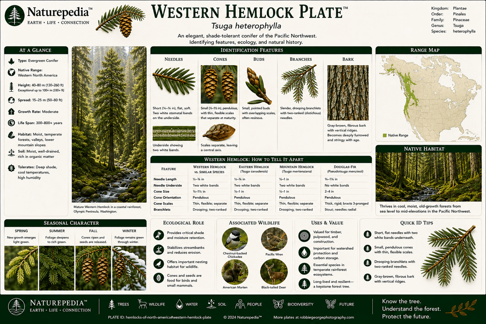 Western Hemlock Plate showing Tsuga heterophylla, Pacific Northwest rainforests, conifer canopies, old-growth ecosystems, wildlife habitat, and coastal forest resilience by Robbie George