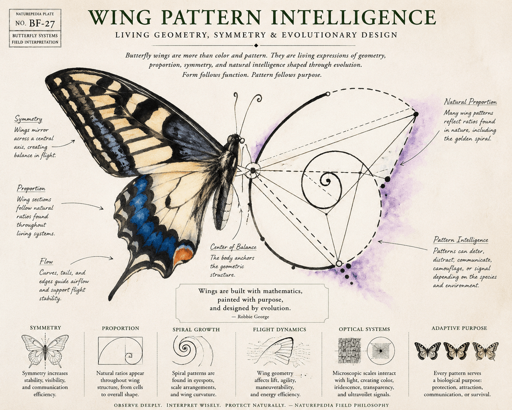 Wing Pattern Intelligence Plate showing butterfly symmetry, geometry, spiral proportion, optical signaling, aerodynamic structure, and ecological pattern systems by Robbie George