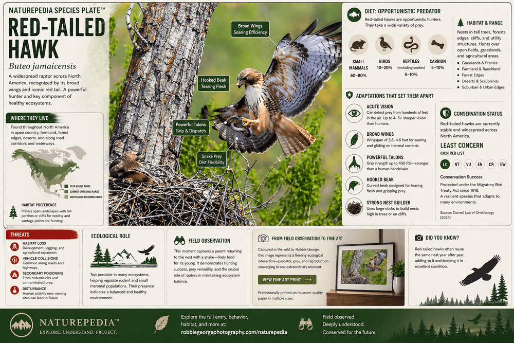 Red-tailed hawk at nest with annotated species plate showing adaptations, habitat, diet, nesting behavior, and conservation — Naturepedia Species Plate by Robbie George