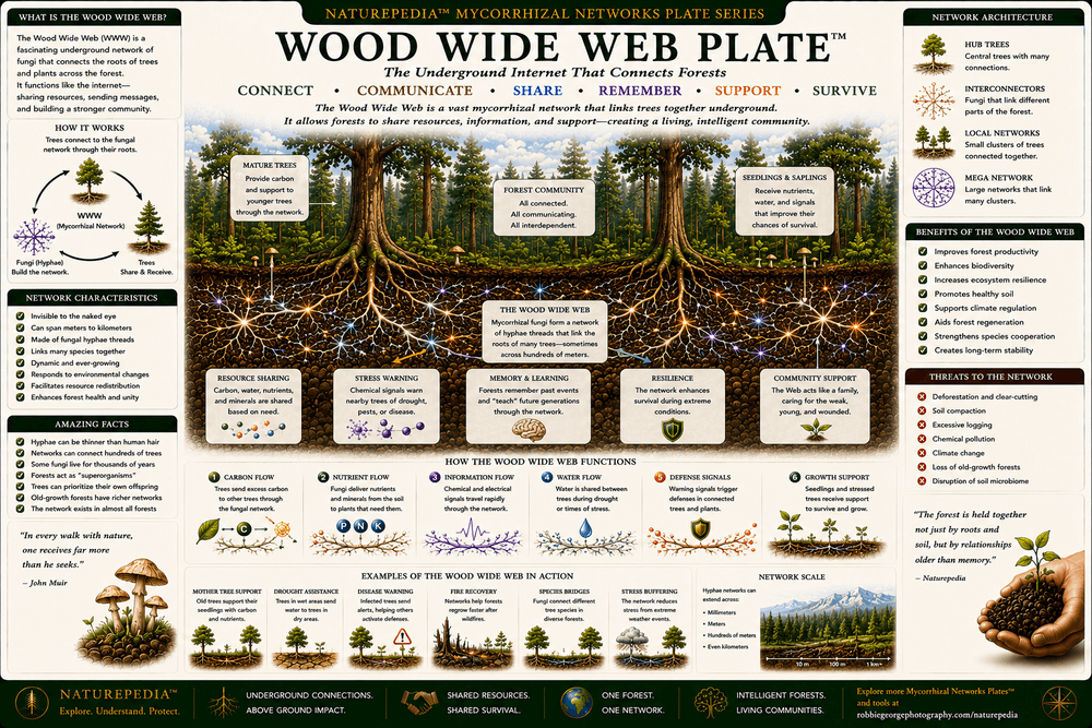 Wood Wide Web Plate showing an interconnected forest linked by underground fungal hyphae, tree roots, carbon flow, nutrient exchange, and ecosystem communication.