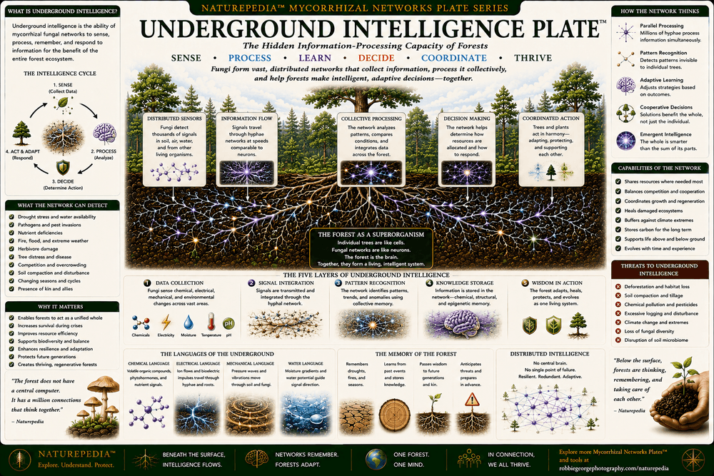 Underground Intelligence Plate showing hidden fungal networks connecting roots, microbes, carbon flow, nutrients, water movement, ecological signaling, and distributed forest intelligence.