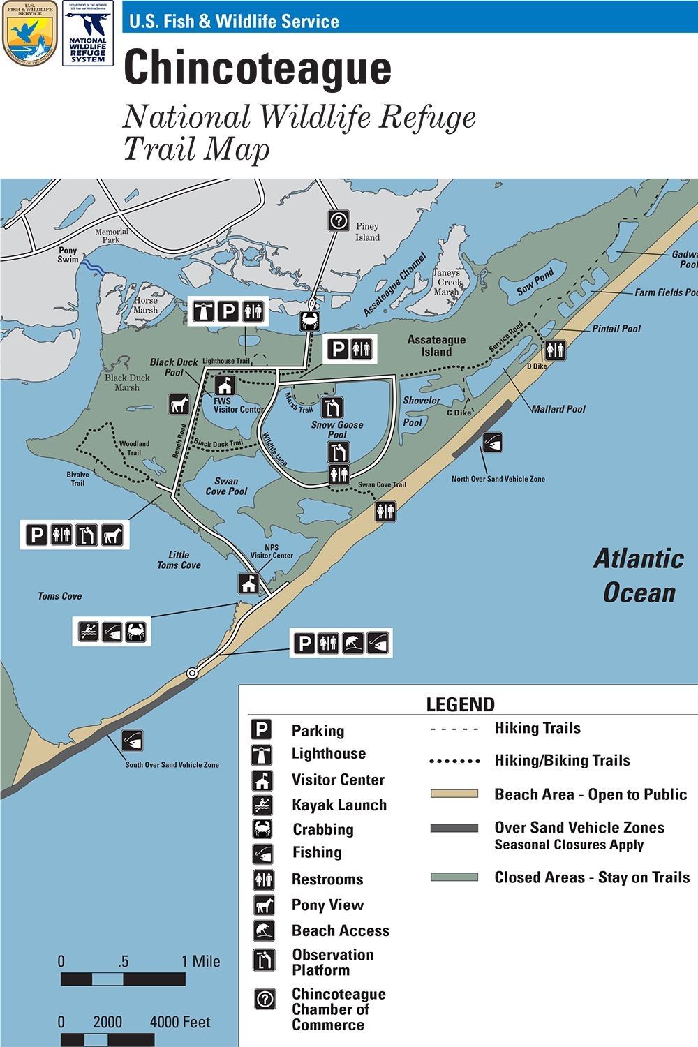Map of Chincoteague National Wildlife Refuge showing marsh, trails, lighthouse, and observation areas