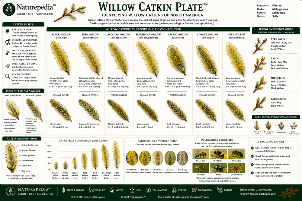 Willow Catkin Plate showing willow reproductive structures, pollination, seed production, and spring flowering characteristics