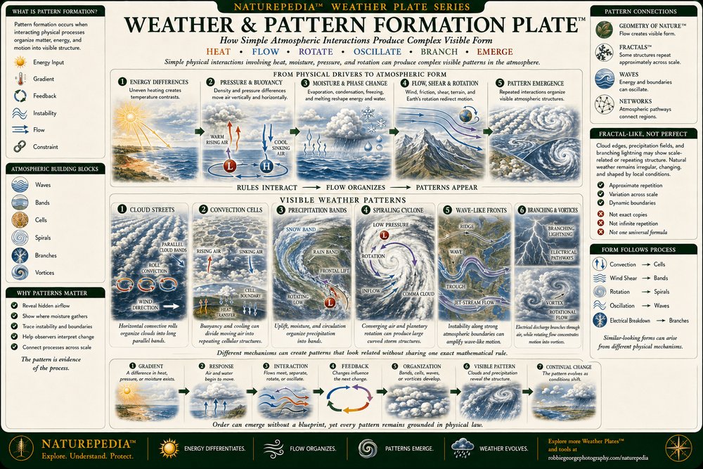 Weather and Pattern Formation Plate showing how energy differences, pressure and buoyancy, moisture changes, airflow, shear, rotation, and feedback create cloud streets, convection cells, precipitation bands, spiraling cyclones, wave-like weather fronts, branching lightning, and atmospheric vortices.