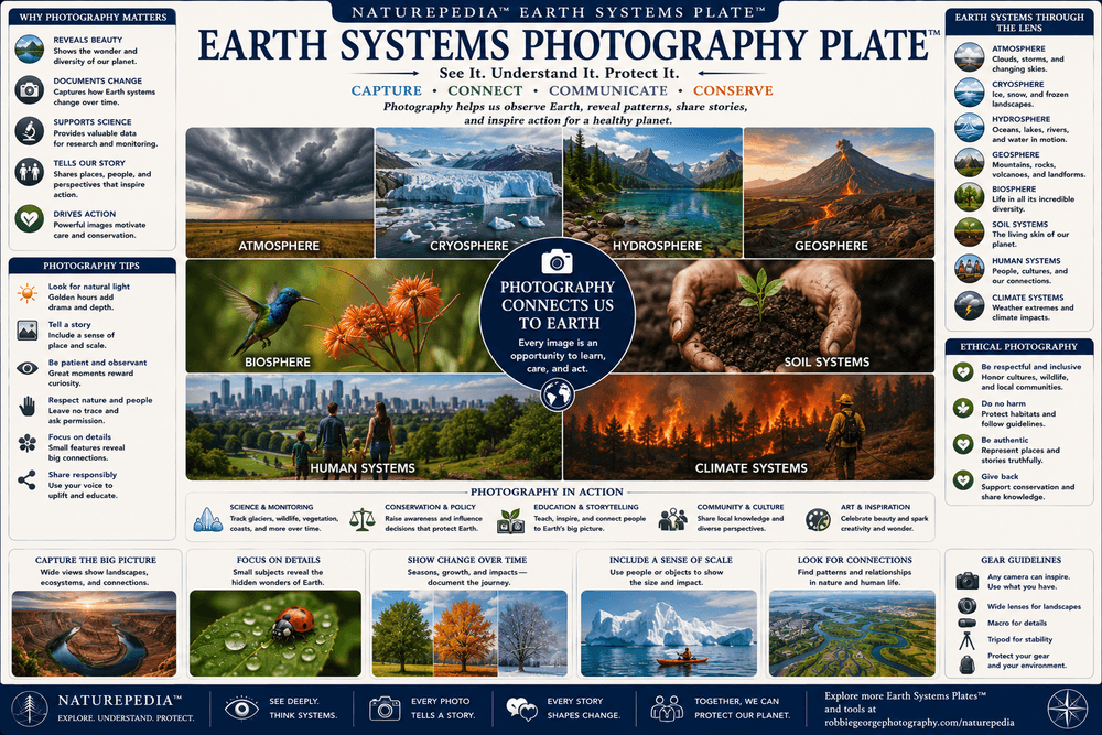 Earth Systems Photography Plate showing landscapes that connect geology, water, atmosphere, biodiversity, climate, ice, ecosystems, and planetary processes
