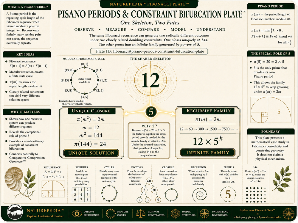 Pisano Periods and Constraint Bifurcation Plate illustrating the Fibonacci recurrence modulo m, the shared 12 skeleton, prime 5, the unique closure at 144, and the infinite family 12 times powers of 5.