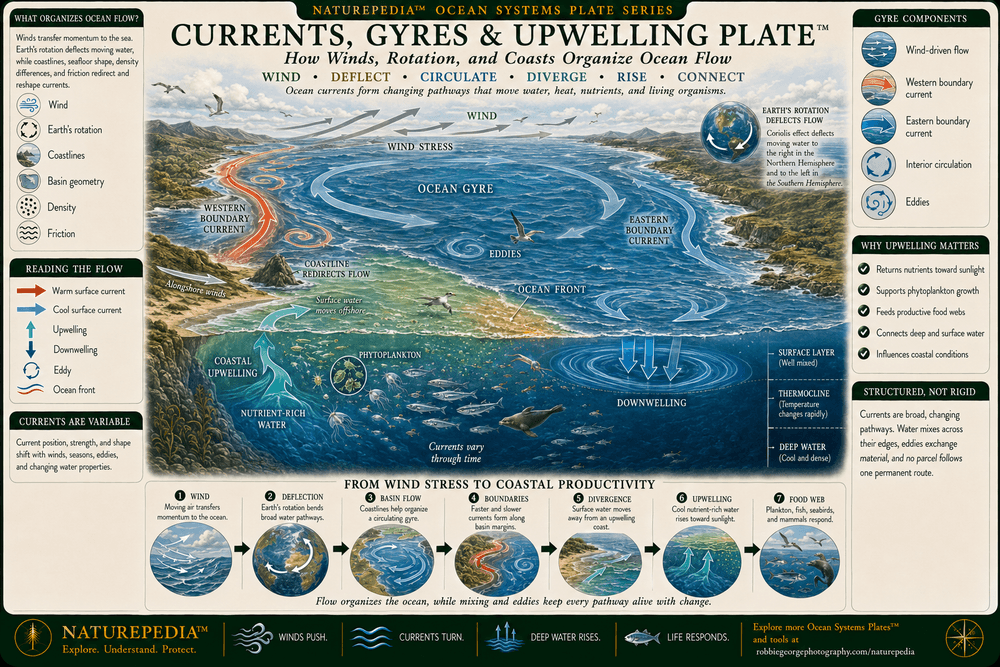 Currents, Gyres and Upwelling Plate showing wind-driven surface currents, a rotating ocean gyre, boundary currents, coastal upwelling, nutrient-rich deep water, phytoplankton growth, marine life, ocean fronts, eddies, and downwelling.