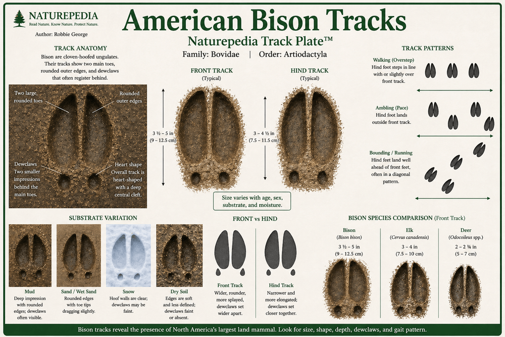 American bison track showing two large rounded hoof toes, deep central cleft, wide track shape, and dewclaw impressions behind the main track — Naturepedia Track Plate by Robbie George