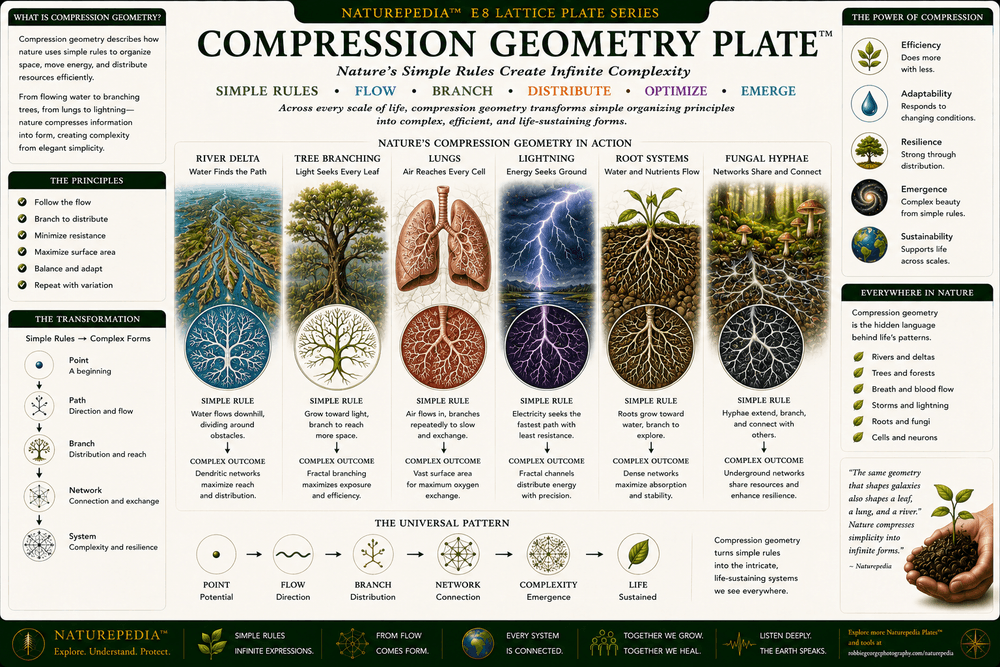 Compression Geometry Plate illustrating branching trees, rivers, fungi, lightning, lungs, roots, fractals, and repeating geometric organization throughout nature.