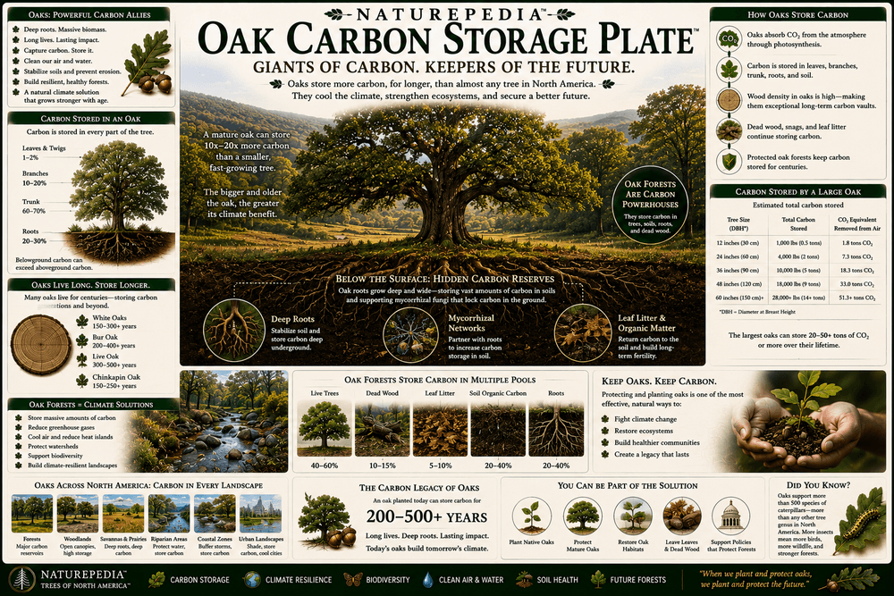 Oak Carbon Storage Plate showing oak biomass, roots, soil carbon, forest carbon storage, biodiversity, ecosystem resilience, and long-term ecological stability by Robbie George