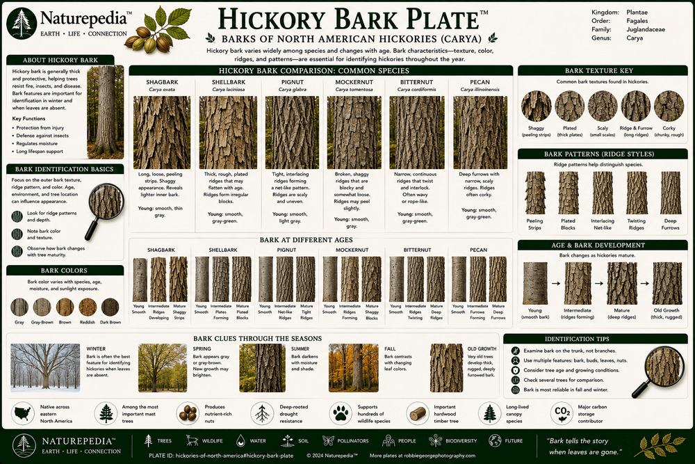 Hickory Bark Plate showing bark texture, peeling bark, ridges, furrows, species differences, and field identification traits across North American hickories by Robbie George