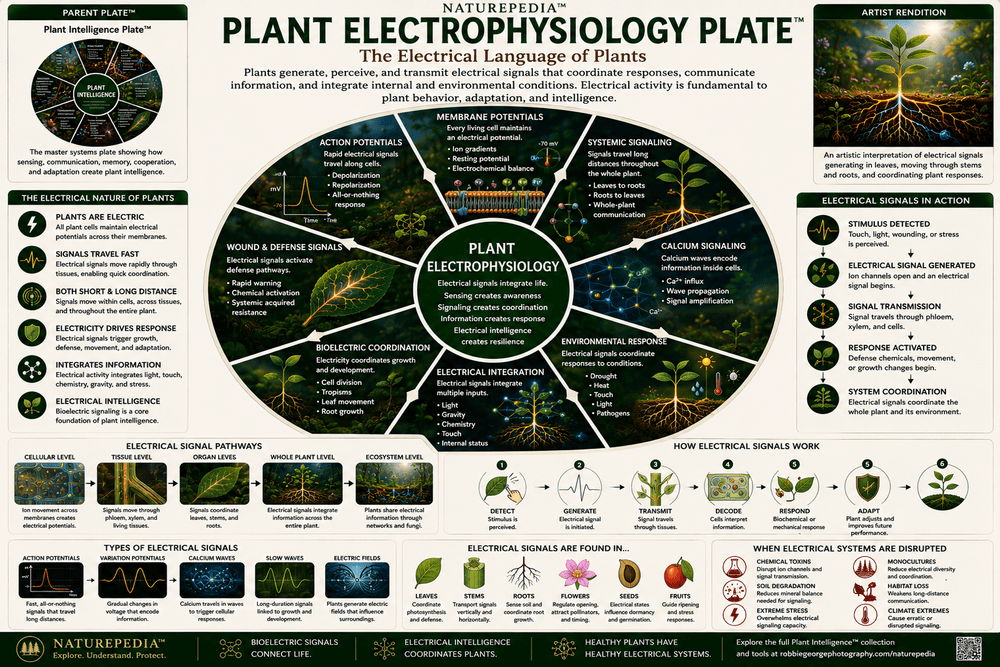 Plant Electrophysiology Plate showing electrical signaling, membrane voltage, action potentials, environmental response, root signaling, plant adaptation, and bioelectric communication