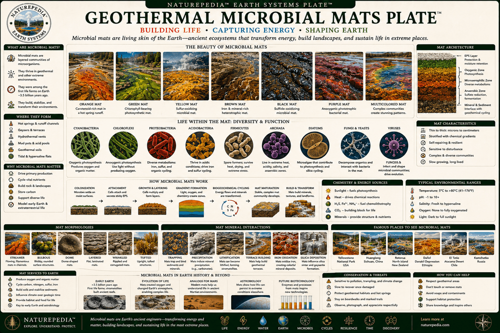 Geothermal Microbial Mats Plate showing microbial mats, thermophiles, temperature gradients, thermal colors, nutrient cycling, geothermal ecosystems, and microbial ecology by Robbie George