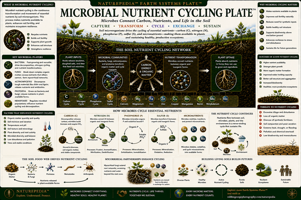 Microbial Nutrient Cycling Plate showing bacteria, fungi, nutrient cycling, carbon flow, nitrogen cycling, phosphorus movement, root interactions, decomposition, and healthy soil ecosystems.