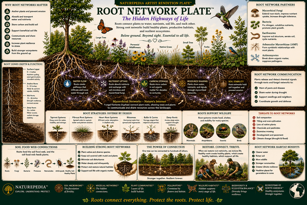 Root Network Plate showing plant roots, soil systems, mycelial relationships, water movement, nutrient exchange, carbon storage, and underground habitat structure by Robbie George