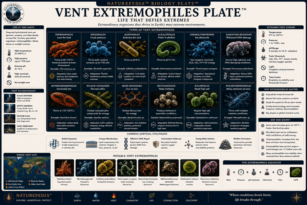Vent Extremophiles Plate showing heat-tolerant microbes, deep-sea pressure adaptations, toxic chemistry, acidity, and hydrothermal vent survival strategies