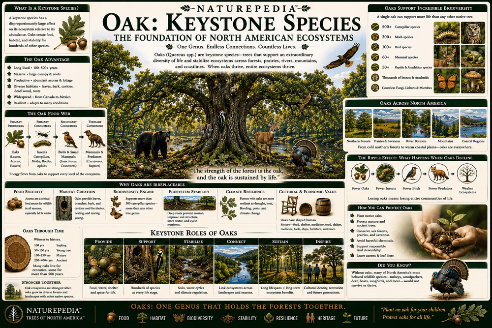 Oak Keystone Species Plate showing oaks supporting insects, caterpillars, birds, mammals, fungi, pollinators, biodiversity, food webs, and ecosystem resilience by Robbie George