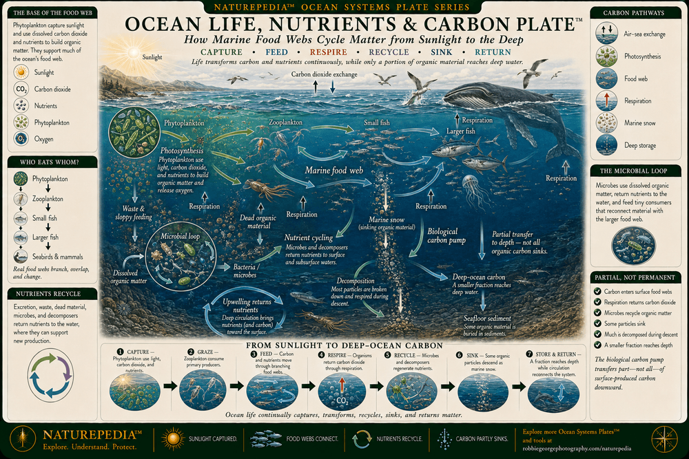 Ocean Life, Nutrients and Carbon Plate showing sunlight, carbon dioxide exchange, phytoplankton, zooplankton, fish, seabirds, marine mammals, nutrient cycling, the microbial loop, respiration, decomposition, marine snow, the biological carbon pump, and deep-ocean carbon.