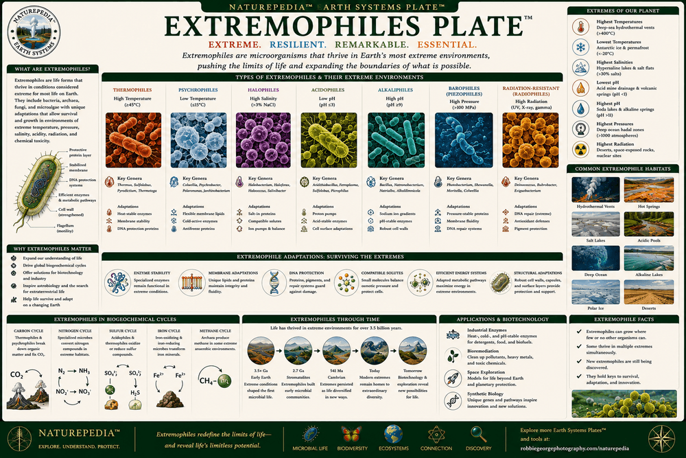 Extremophiles Plate showing heat, cold, salinity, acidity, pressure, and other extreme environmental adaptations