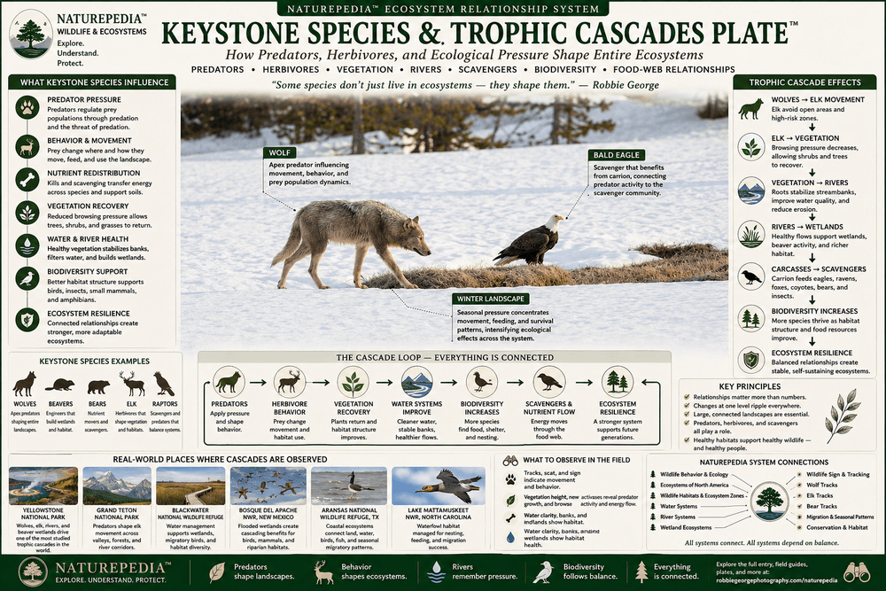 Keystone Species and Trophic Cascades Plate showing predator pressure, scavenger relationships, vegetation recovery, ecosystem resilience, trophic cascade dynamics, and Naturepedia ecological system connections by Robbie George