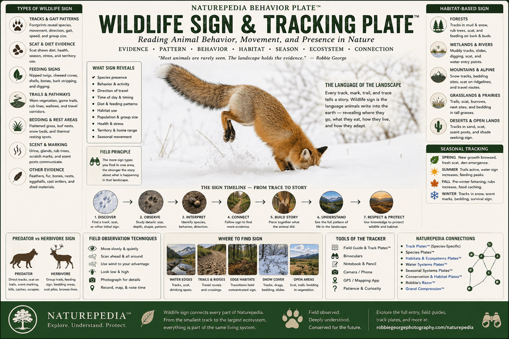 Wildlife Sign and Tracking Plate showing tracks, scat, feeding signs, trails, habitat-based sign, seasonal tracking, field observation, and Naturepedia ecological connections by Robbie George