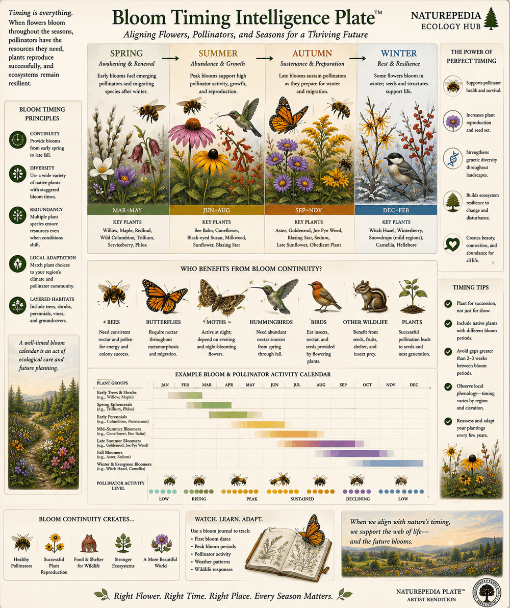 Bloom Timing Intelligence Plate showing spring, summer, and autumn flowering sequences that support pollinators across seasons