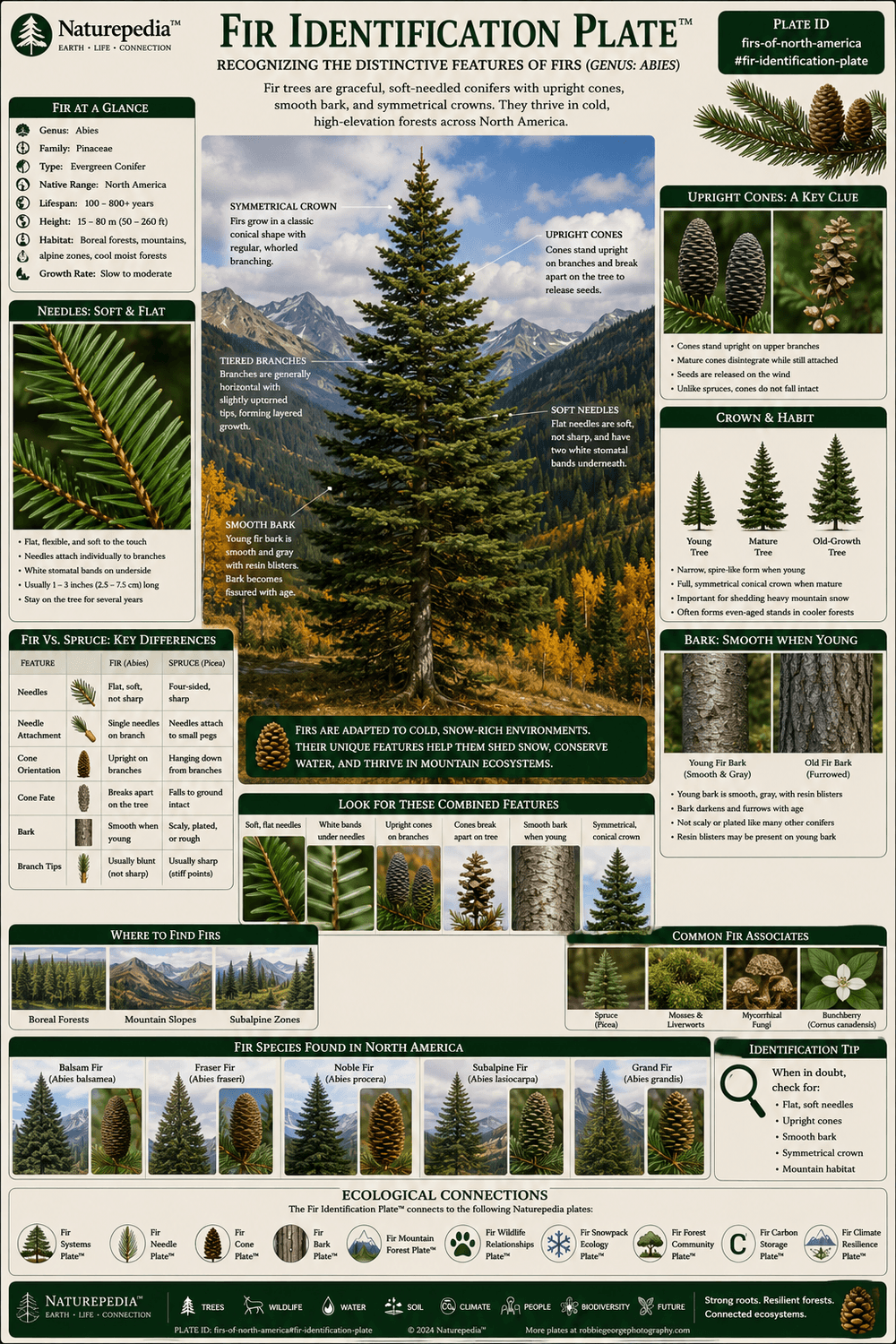 Fir Identification Plate showing soft needles, upright cones, bark texture, crown shape, branch arrangement, habitat clues, and field identification traits by Robbie George